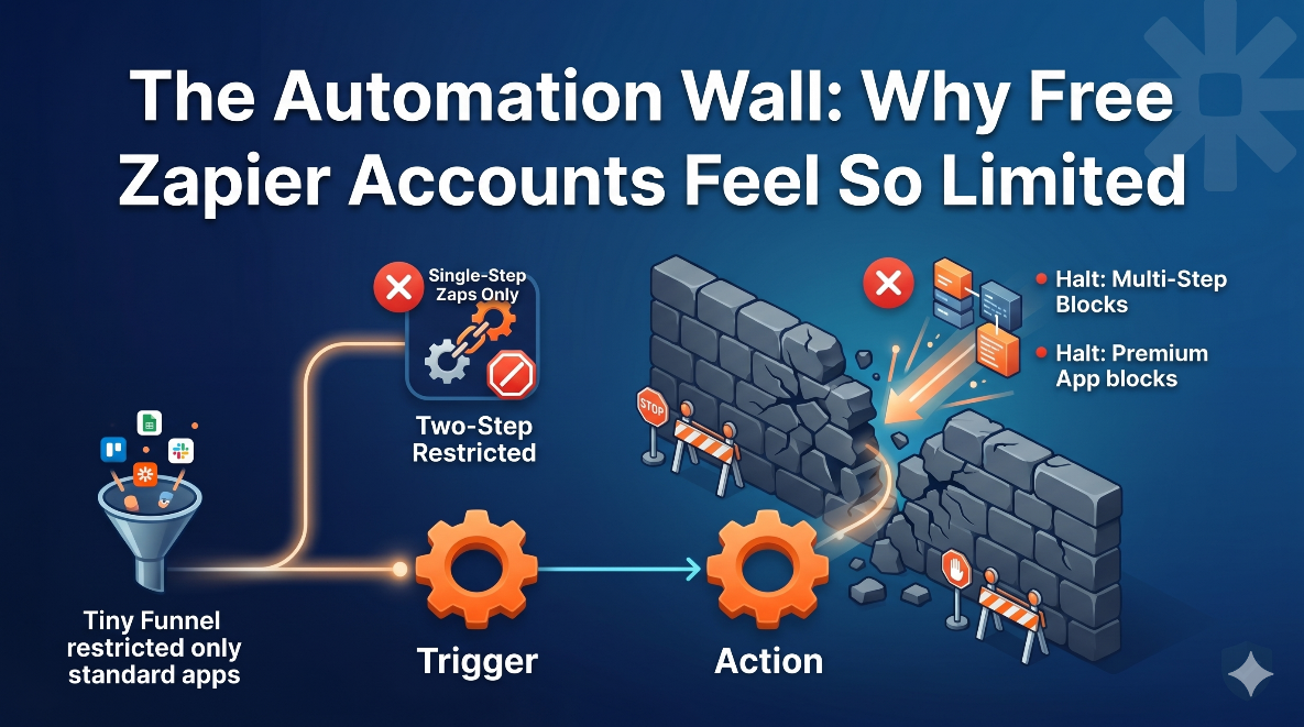 Infographic showing limitations of Zapier free plan versus premium multi-step workflows and filters