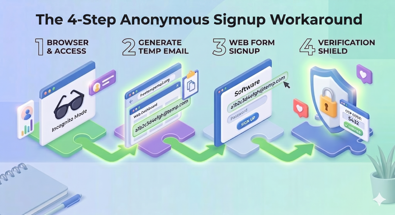 Four-step diagram showing how to register for web tools safely using a temporary email address